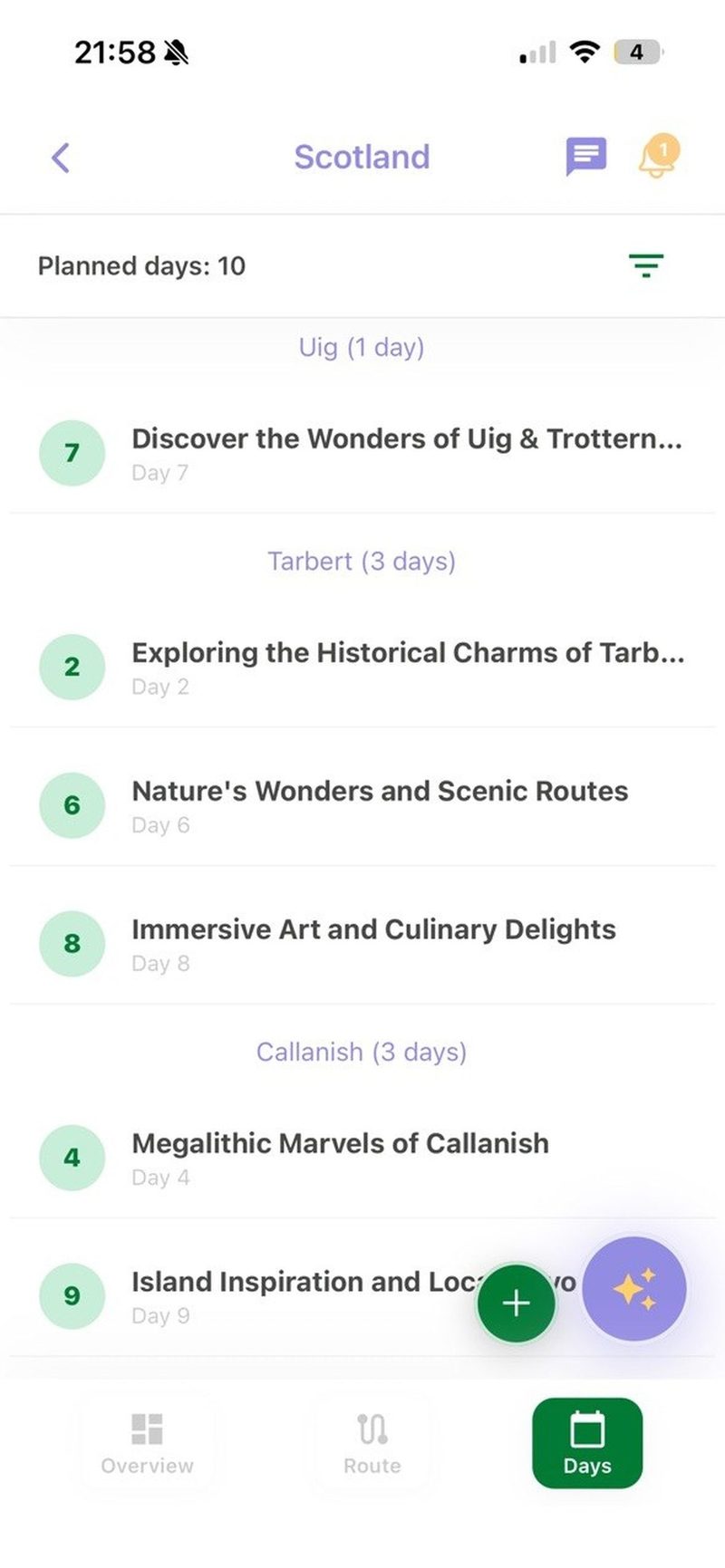 Plainer days view showing a 10-day Scotland itinerary grouped by town