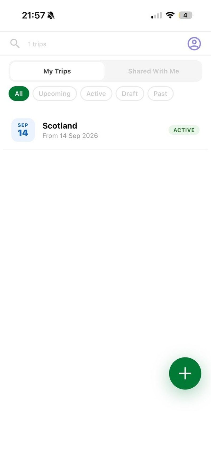 Plainer trip list with a Scotland trip marked active